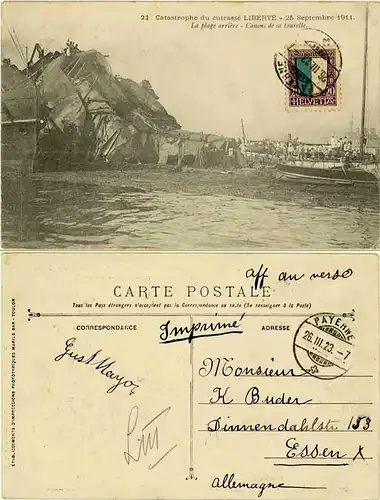 AK Katastrophen Karte 25.9.1911 Schweiz Catastrophe du Cuirassé Liberté  (1400