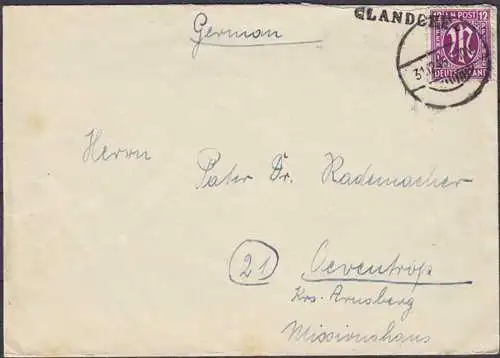 1945 Glandorf bei Osnabrück Notstempel + Stummstempen nach Oeventrop   (4381