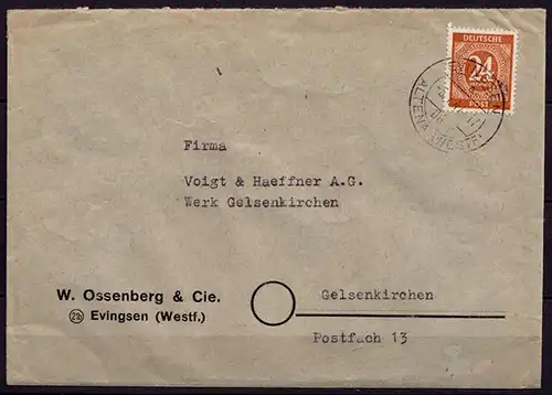 EVINGSEN üben ALTENA 1947 Bedarfsbrief EF 24 Pfg.Mi.925 n.Gelsenkirchen   (6913