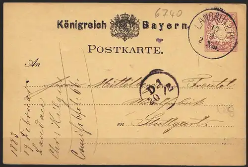 Bayern 1883 Ganzsache 5 Pfg. Landau nach Stuttgart   (6916