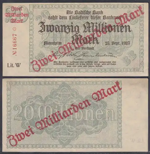 Baden Mannheim 2 Milliarden Mark 1923 Lit. W Überdruck Starnote  (26991