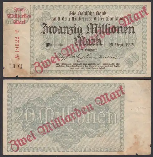 Baden Mannheim 2 Milliarden Mark 1923 Lit. Q Überdruck Starnote  (26992