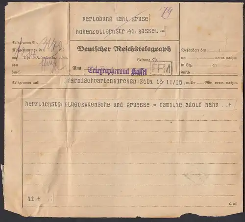 Deutscher Reichstelegraphenamt Kassel Telegramm 1927 Garmischpartenkirchen