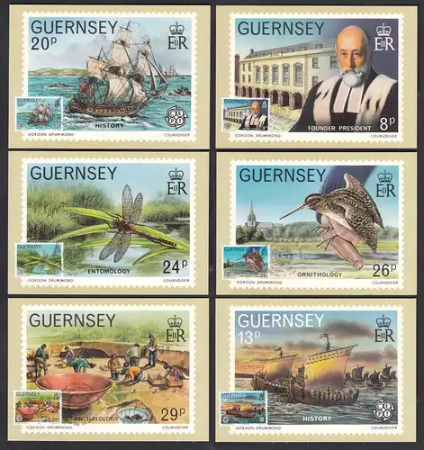 Guernsey UK 1981 Maximum Cards ORNITHOLOGY ARCHAEOLOGY ENTOMOLOGY 245-50  (27151