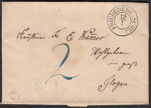 FRIEDEBERG K2 Schlesien 1852 taxierter Brief mit Inhalt nach GLOGAU    (27174