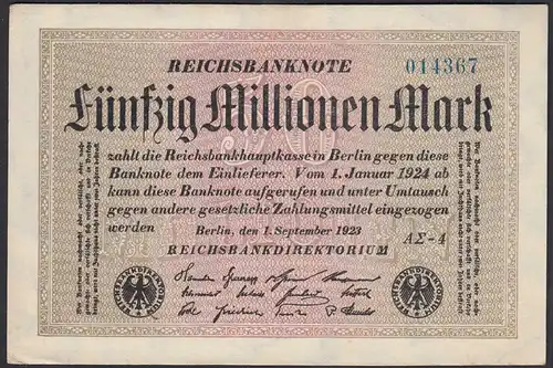 Reichsbanknote - 50 Millionen Mark 1923 Ro 108f XF/VF (2/3) FZ A Sigma AΣ-4 