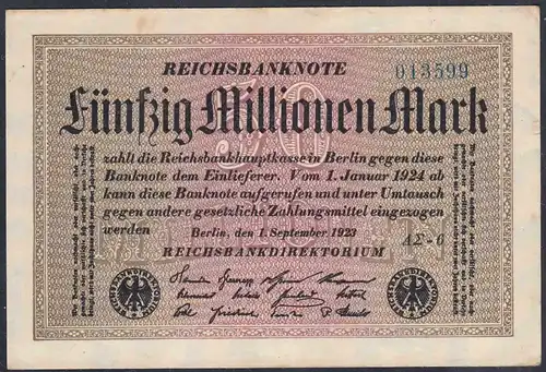 Reichsbanknote - 50 Millionen Mark 1923 Ro 108f VF (3) FZ A Sigma AΣ-6   (27223