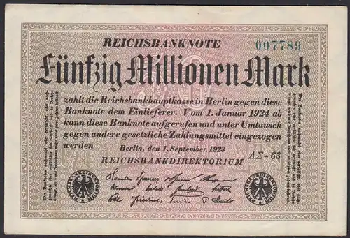 Reichsbanknote - 50 Millionen Mark 1923 Ro 108f VF (3) FZ A Sigma AΣ-63   (27226