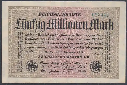 Reichsbanknote - 50 Millionen Mark 1923 Ro 108f VF (3) FZ A Sigma AΣ-31   (27227