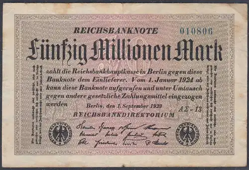 Reichsbanknote - 50 Millionen Mark 1923 Ro 108f F- (4-) FZ A Sigma AΣ-13  (27229