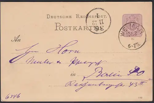 Weimar K1 1882 nach Berlin Eingansstempel auf 5 Pfennig Ganzsache   (27199