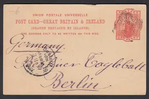 Poscard Great Britain & Ireland 1897 One Penny London to Berlin   (26770
