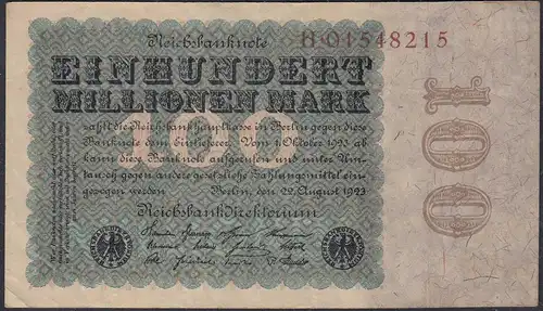 Reichsbanknote - 100 Million Mark 1923 Ro 106a Serie H VF (3)   (27241