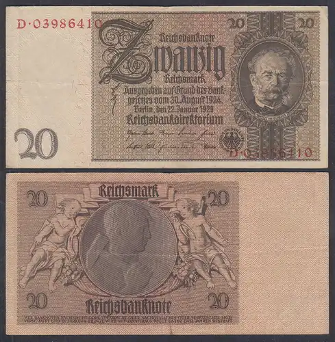 Reichsbanknote - 20 Mark 1929 Kriegsdruck Serie D Ro 174c VF (3)  (27261