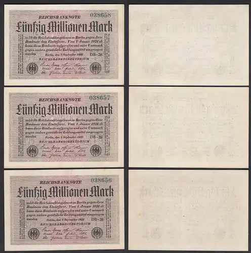 50 Million Mark Infla 1923 FZ: DB BZ:26 3er Set laufende Nummer Ro 108h XF (2)