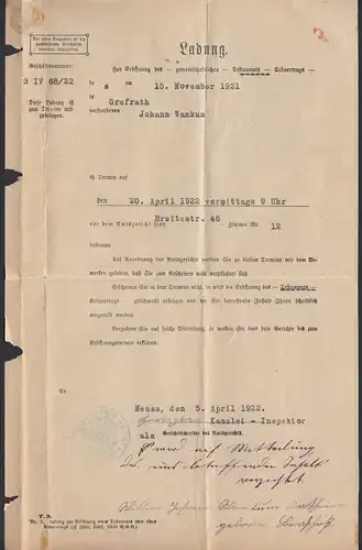 Amtsgericht Neuss Dienstbrief 1922 EF Mi.D 32 nach Grefrath Ladung    (21700