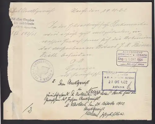 Amtsgericht Neuss Dienstbrief 1922 MEF Mi.D 70 (3) nach M-Gladbach    (21703
