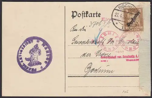 Amtsgericht Bochum 1927 Dienst-Ortskarte EF 3 Pfg. Mi.D105 Grundbuchsache (21687