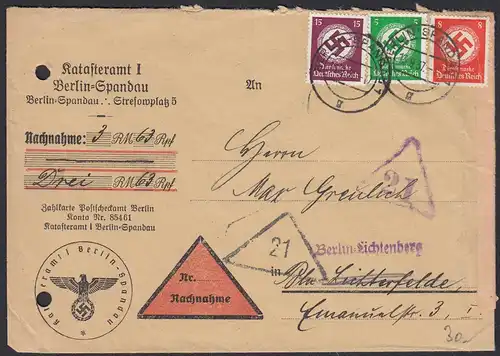 3.Reich Dienst Orts-Nachnahme MEF 3-farbig 1937 Mi.134,135,139 Spandau   (21681