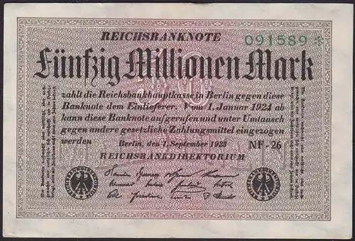 Reichsbanknote - 50 Millionen Mark 1923 Ro 108k XF (2) FZ: NF 6er Stern  (13316