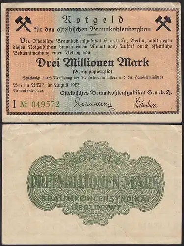 Ostelbischen Braunkohlenbergbau 3-Millionen Mark 1923 Notgeld Reichspapiergeld