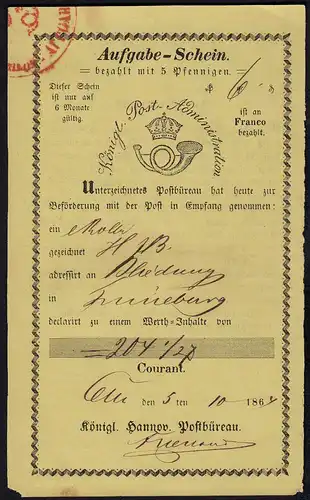 1864 Hannover Königliche Post Aufgabe-Schein handschriftlich CELLE    (23088