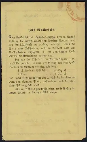 1864 Hannover Königliche Post Aufgabe-Schein handschriftlich CELLE    (23088