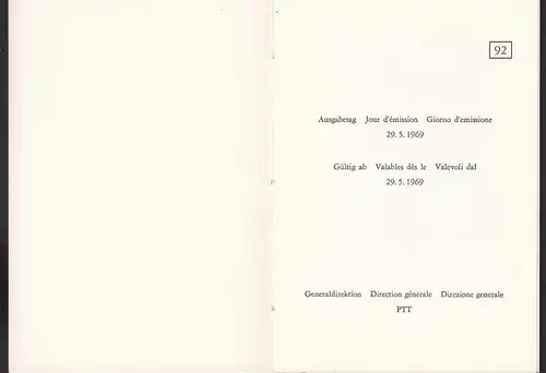 Schweiz Swiss Switzerland 1969 Pro Patria im Folder   (23774