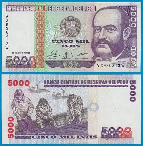 Peru 5000 Intis Banknoten 1988 Pick 137 AU (1-)    (18714