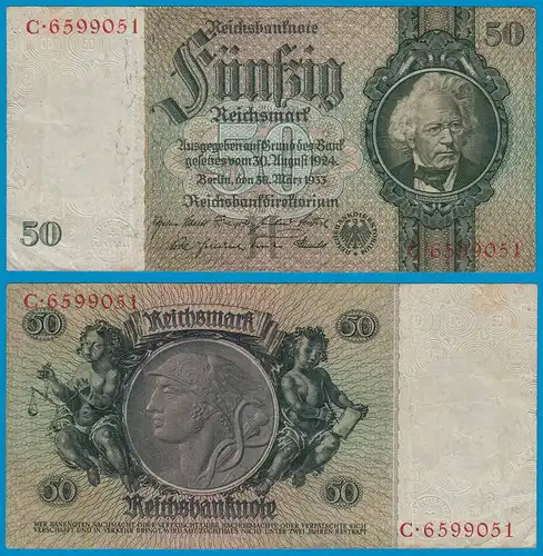 REICHSBANKNOTE 50 Reichsmark 1933 Ro 175a Pick 182 VF Serie H/C  (18574