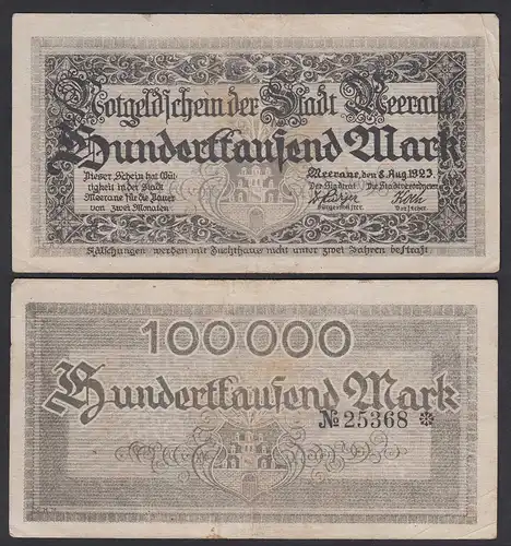 Meerane 100000 100.000 Mark 1923 Notgeld Sachsen EMERGENCY MONEY   (27562