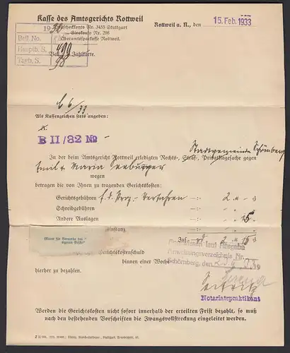 Rottweil Württemberg Amtsgericht 1933 Dienstbrief Gerichtskosten EF 129  (21697