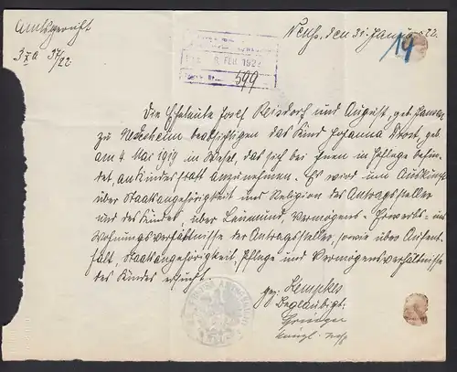 NEUSS 1922 Mi.32 EF Gerichtsbrief  nach Norf Dienstbrief   (21702