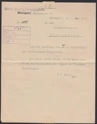 Stuttgart Württemberg Landesbrennholzstelle 1921 Dienstbrief nach Königsheim