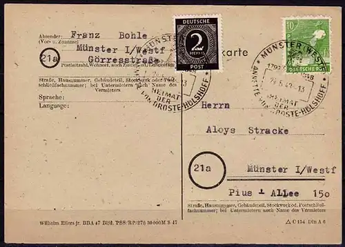 ANNETTE VON DROSTE HÜLSHOFF SST 1948 Münster Westfalen auf Karte   (5890
