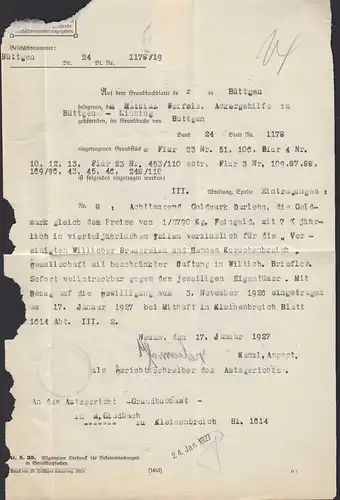 1927 Neuss - M.Gladbch Grundbuchblatt Büttgen-Linning EF Mi 107 UR