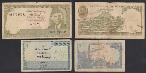 Pakistan 2 old Banknotes 1 + 10 Rupees used   (27700