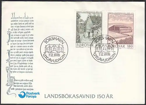 Färöer - Faeroe Islands 1978 Mi.39-40 FDC Nationalbibliothek     (65095