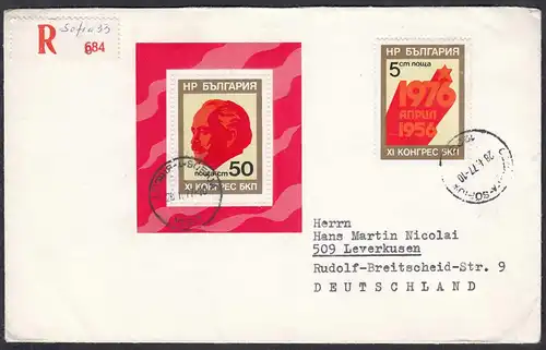 Bulgarien R-Brief 1977 von Sofia nach Leverkusen     (65105