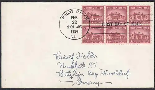 USA 1956 FDC Block of 6 MOUNT VERNON  Michel 653   (65141