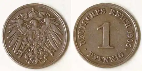 Deutsches Reich -  1 Pfennig Münze 1905 G Jäger 10   (675