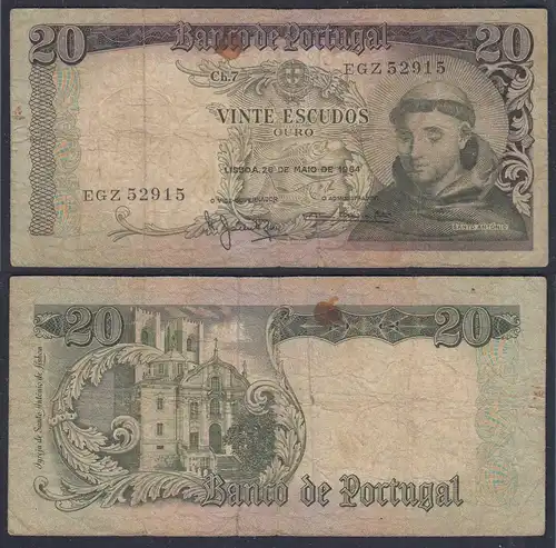 Portugal - 20 Escudos Banknote 1964 Pick 167 VG (5)    (27757
