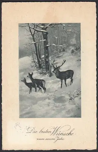 AK Wünsche zum neuen Jahr Winter Hirsche Jagd 1929    (65219