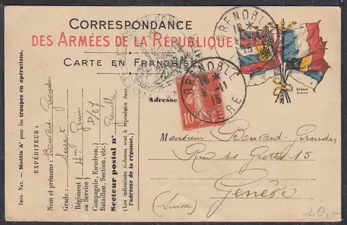 Frankreich-France Army Postal Card Allied Flags 1915 GRENOBLE ISERE to GENEVE