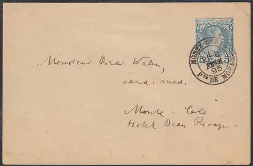Monaco - Monte Carlo Ganzsachen Umschlag 1895 als Ortsbrief   (27849