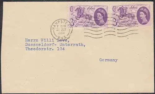 Grossbritannien - Great Britain UK 1960 Umschlag aus HAMSTEAD 2 x Mi 339  (65347