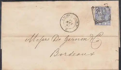 Great Britain UK Folded cover 1881 from London to Bordeaux 2 1/2 P.   (65351