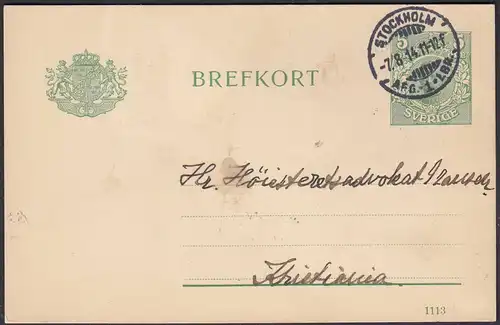 Schweden SVERIGE Stockholm 1914 Postal Stationery 5 Öre Ganzsache n. Kristiania