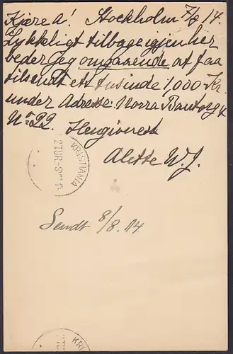 Schweden SVERIGE Stockholm 1914 Postal Stationery 5 Öre Ganzsache n. Kristiania