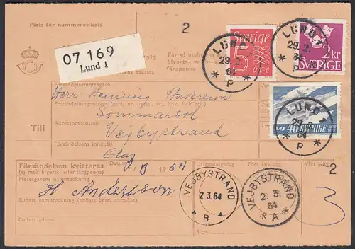 Schweden SVERIGE 1964 Paketkarte von LUND nach VEJBYSTRAND   (65368